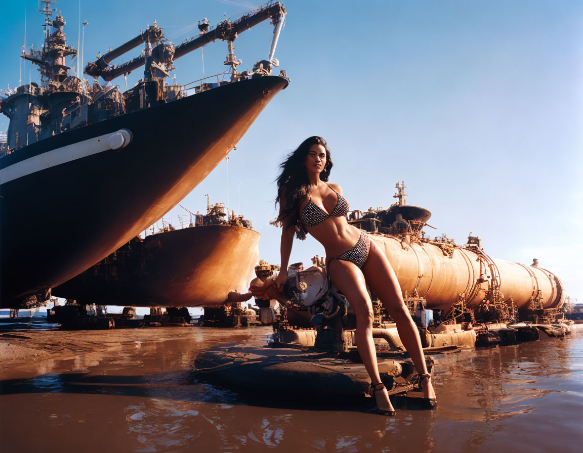 Woman in swimsuit poses by large ships in shipyard under clear blue sky