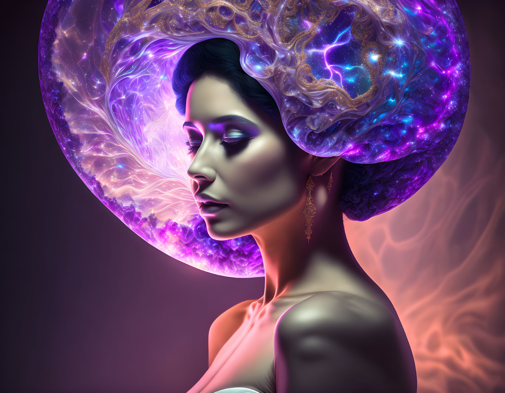 Cosmic-themed digital artwork of a woman with vibrant purple and blue swirls