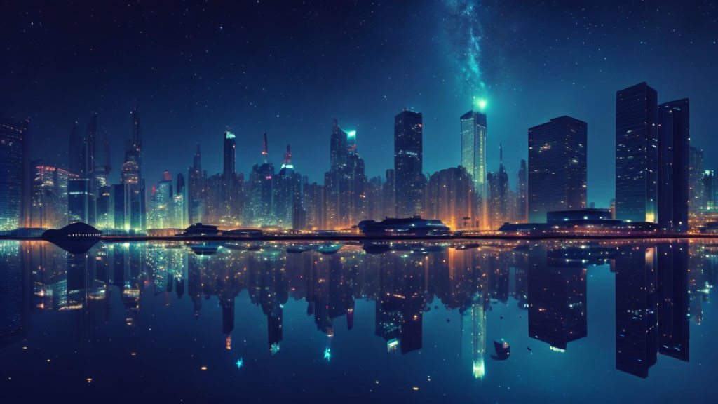 Futuristic city skyline at night with skyscrapers reflecting on calm water under starry sky