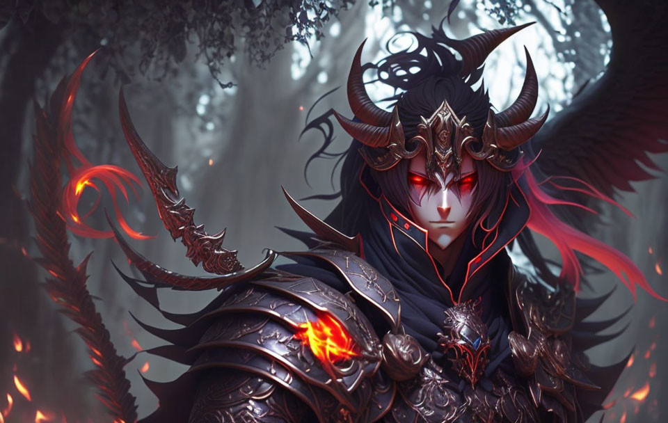 Fantasy character with horns in dark armor against misty forest.