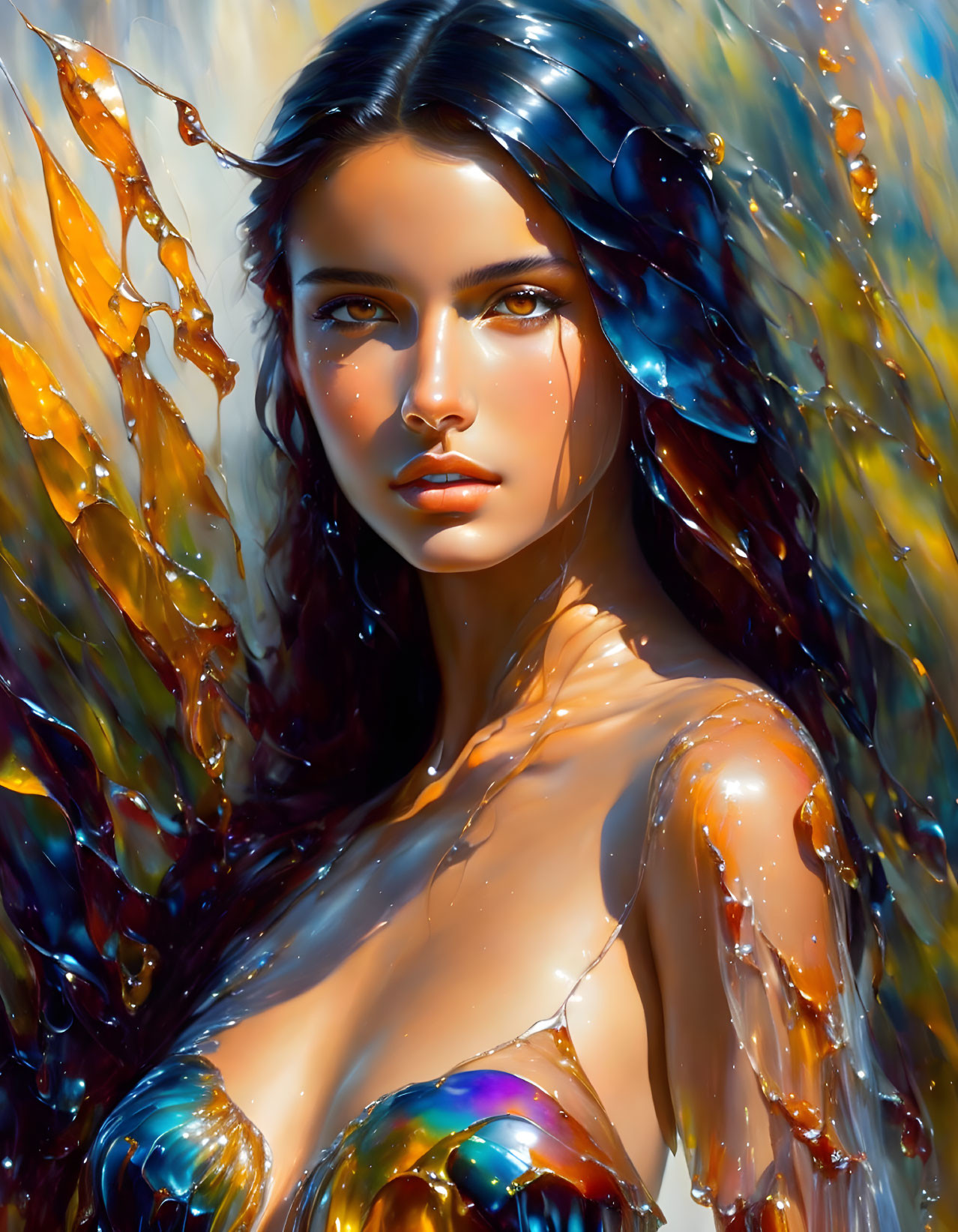 Woman with glossy hair and skin in amber liquid with iridescent bubbles.