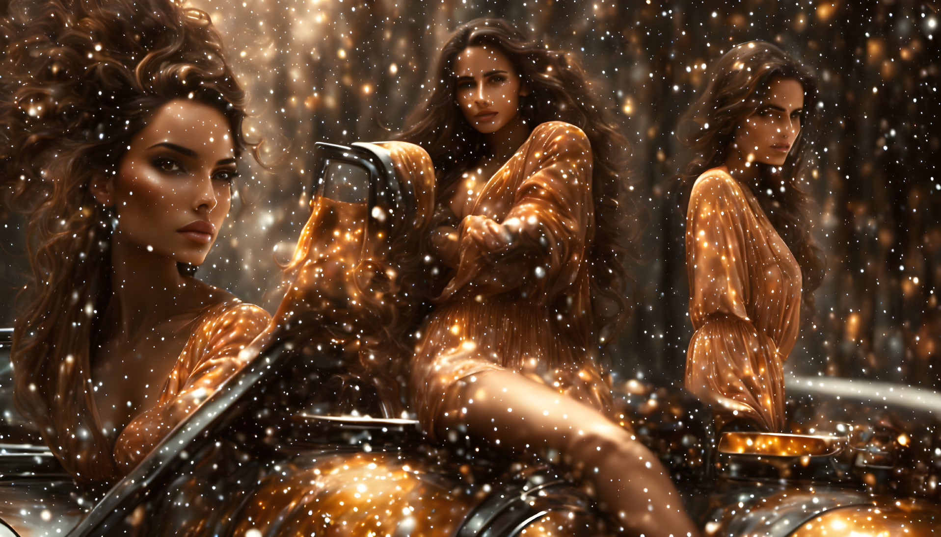 Three Women in Shimmering Golden Outfits Against Starry Background