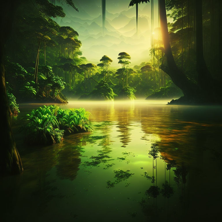 Mystical forest scene with sunlight, river, and lush greenery