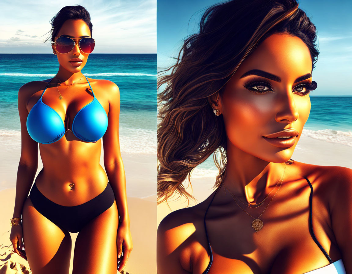 Digital artwork of woman in bikini on beach with sun-kissed skin & sunglasses, radiating summer