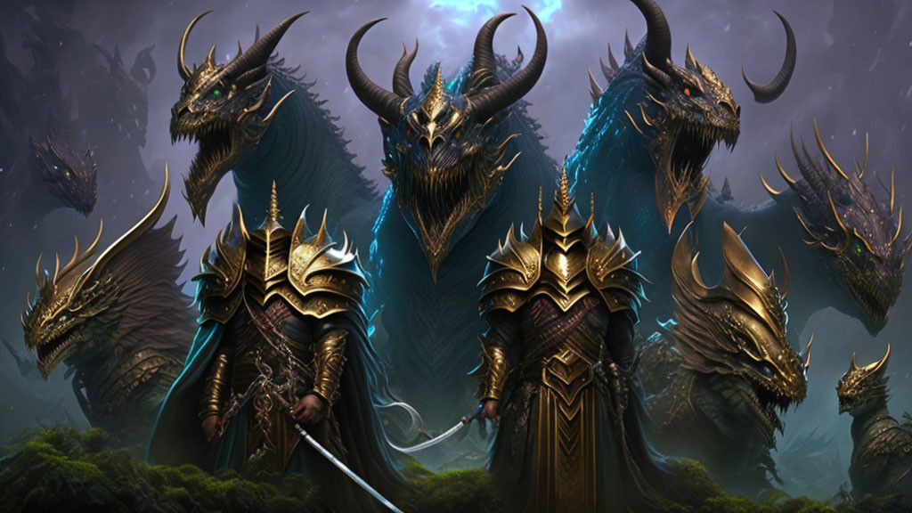 Stylized dragon warriors in ornate armor in mystical landscape with two moons