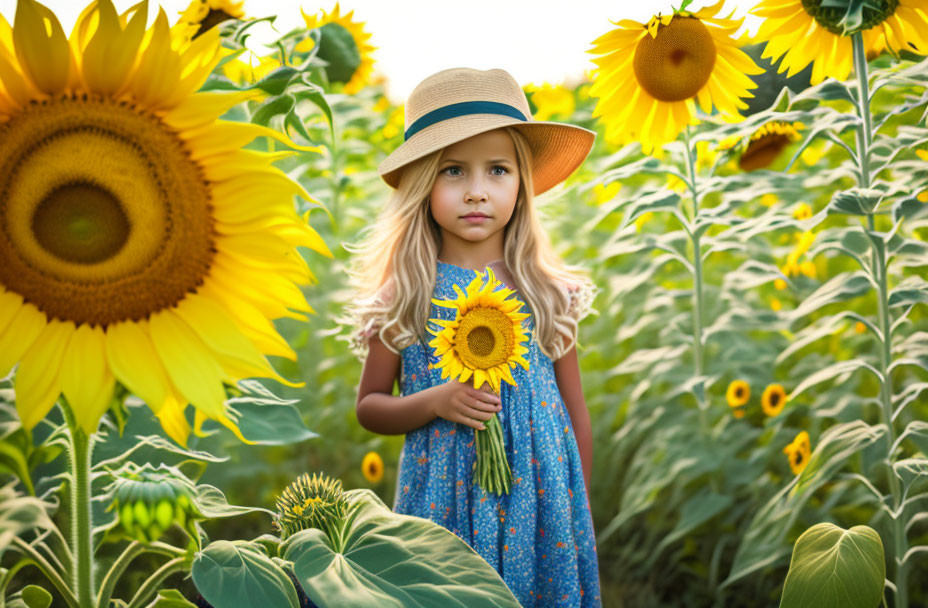 Young girl in blue dress with sunflower in vibrant sunflower field