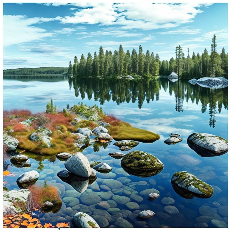 Tranquil lake reflecting forest under blue sky with stones and foliage