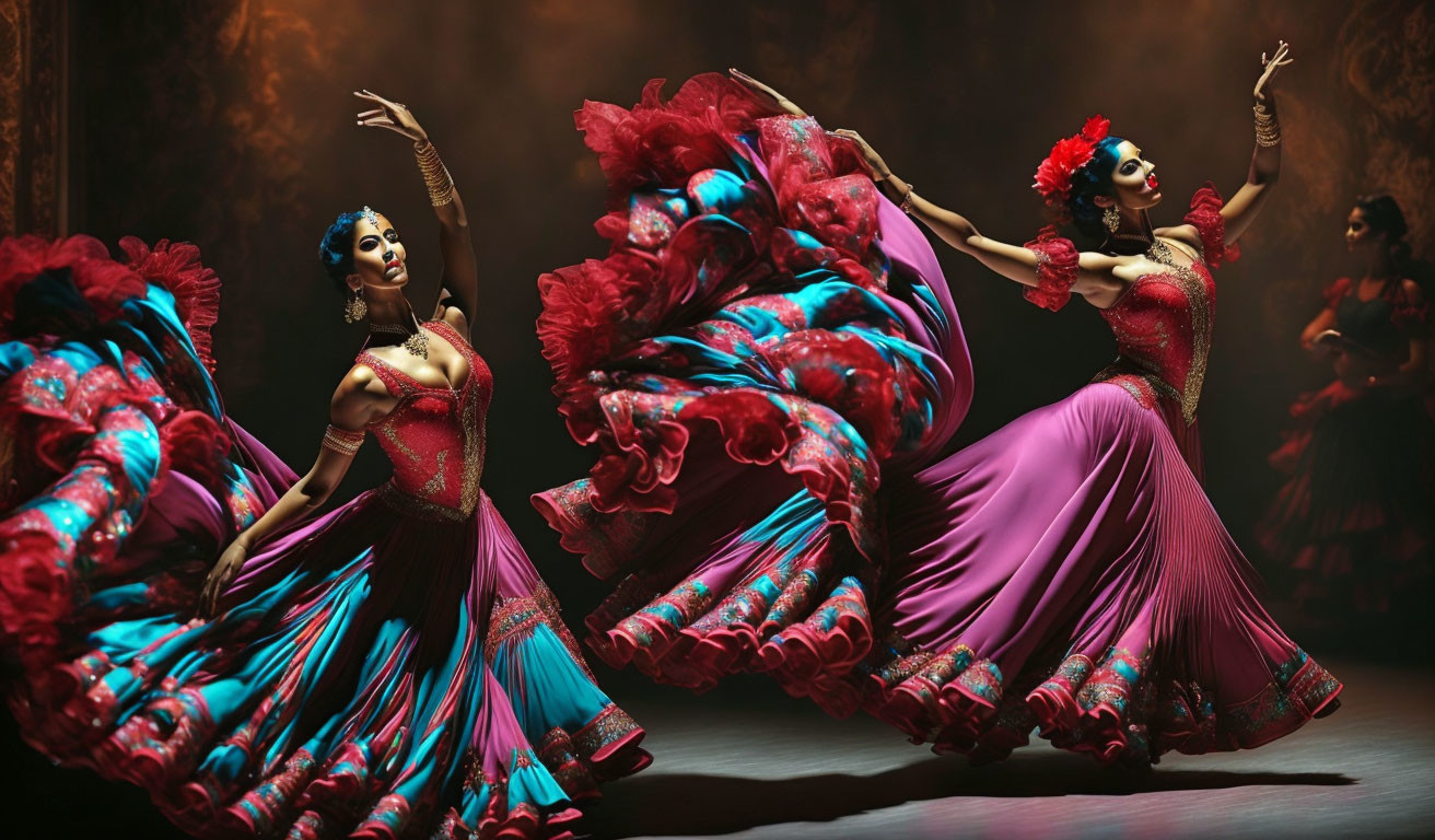 Vibrant red and pink flamenco dancers in dimly-lit setting