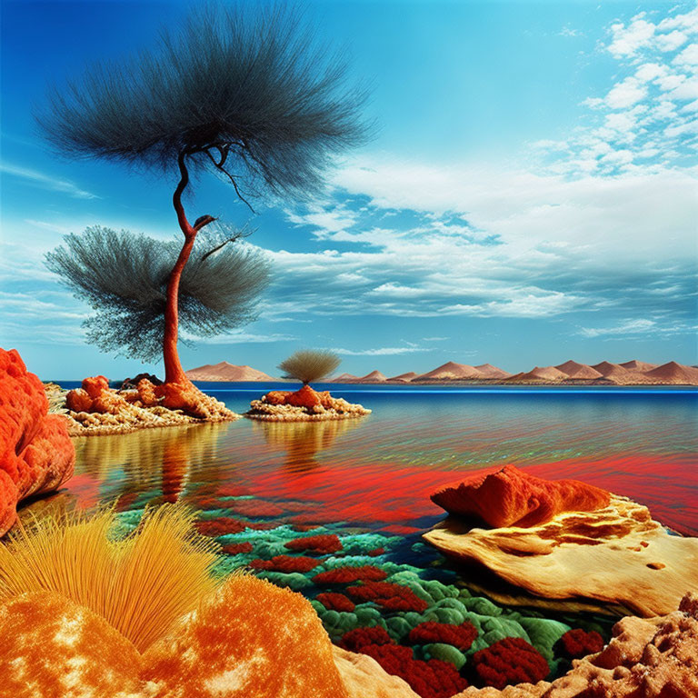 Vivid colorful landscape with tree, red water, and vibrant vegetation