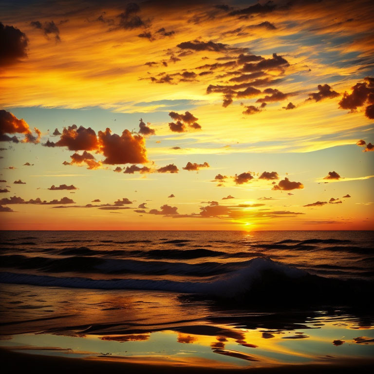 Vibrant sunset over calm ocean waters with orange and yellow skies.