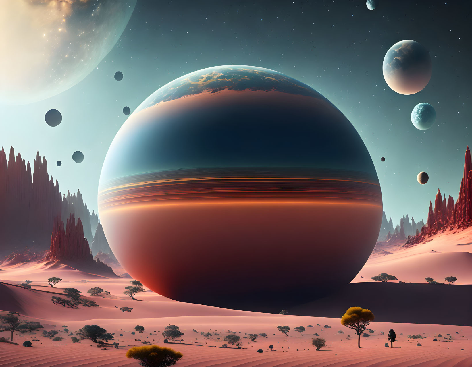 Giant planets over desert landscape with floating rocks and lone tree