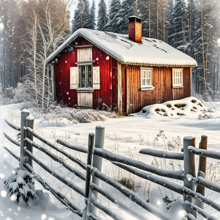 Red Wooden Cabin in Snowy Landscape with Rustic Fence