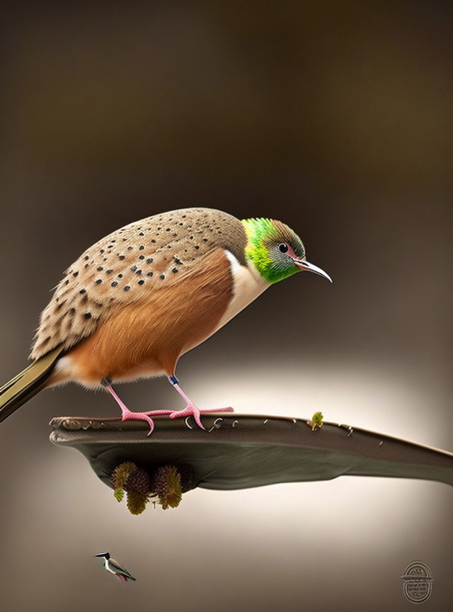 Whimsical bird illustration with kiwi fruit body on branch