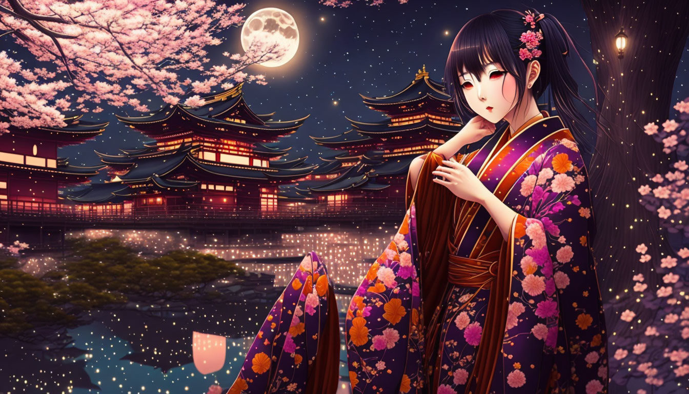 Colorful Kimono Woman by Cherry Blossom Tree with Pagoda and Full Moon