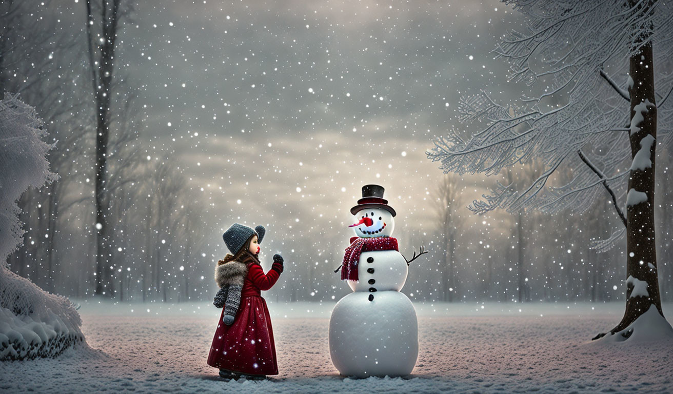 Child in red coat admiring snowman in snowy forest