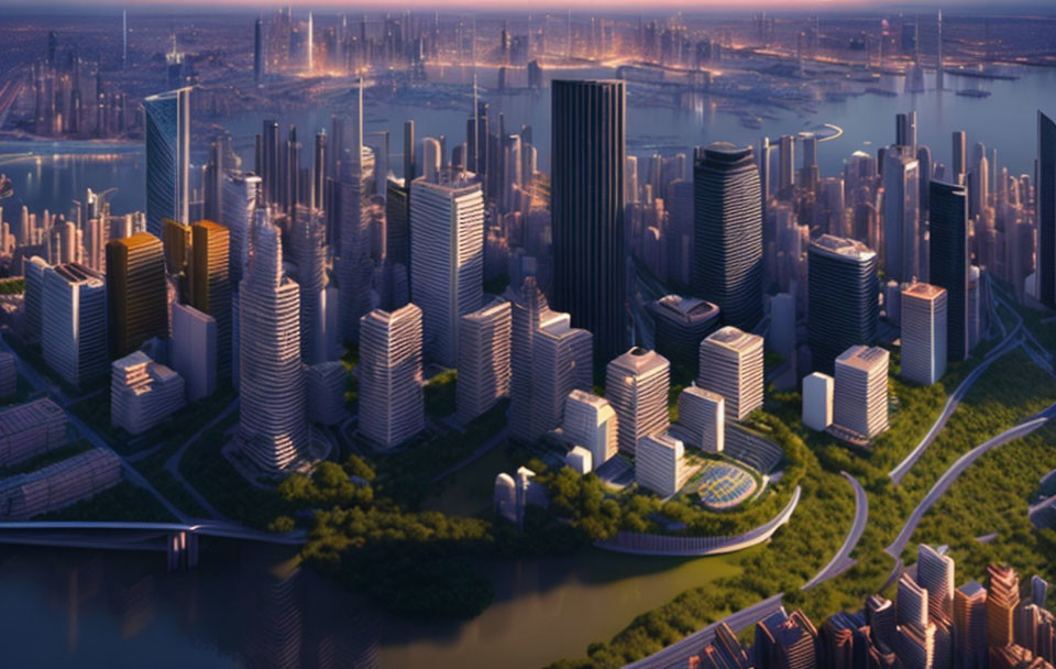 Futuristic cityscape at dusk with illuminated skyscrapers and rivers