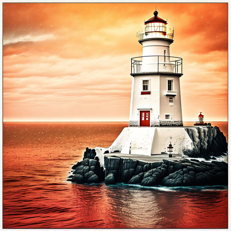 Picturesque lighthouse on rocky outcrop with sunset sea view