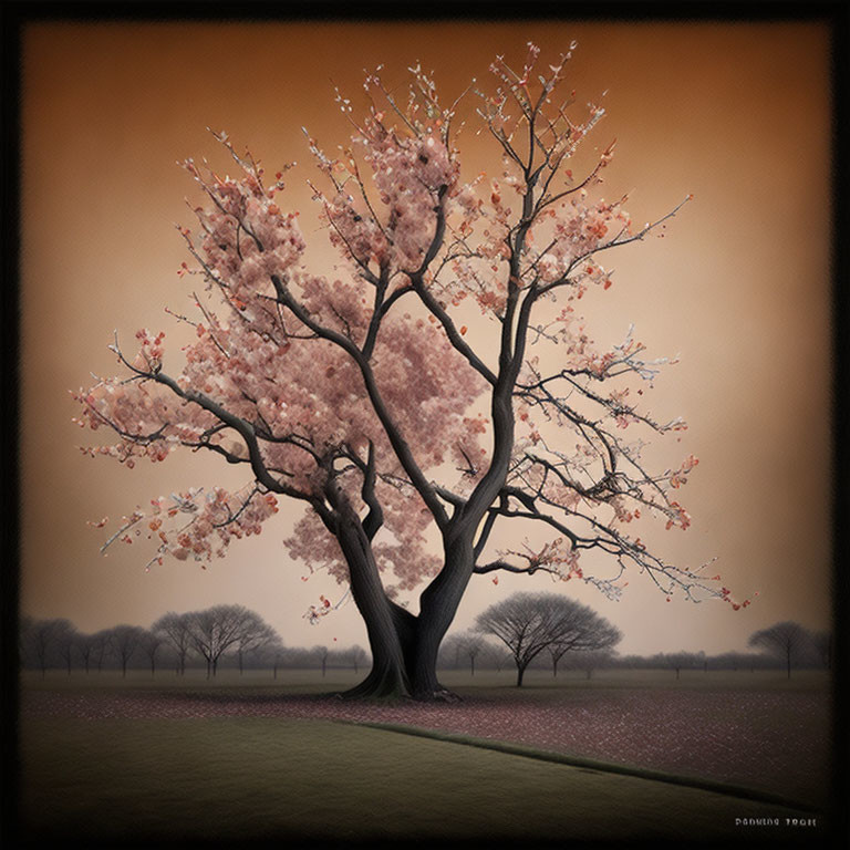 Blooming cherry blossom tree against overcast sky