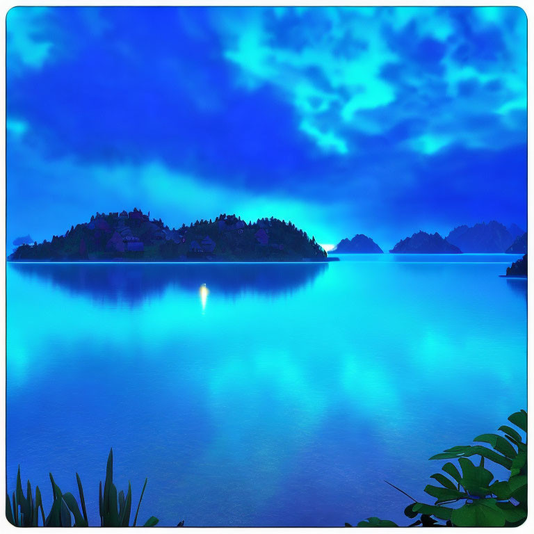 Tranquil lakescape at dusk with silhouetted islands reflected in blue water