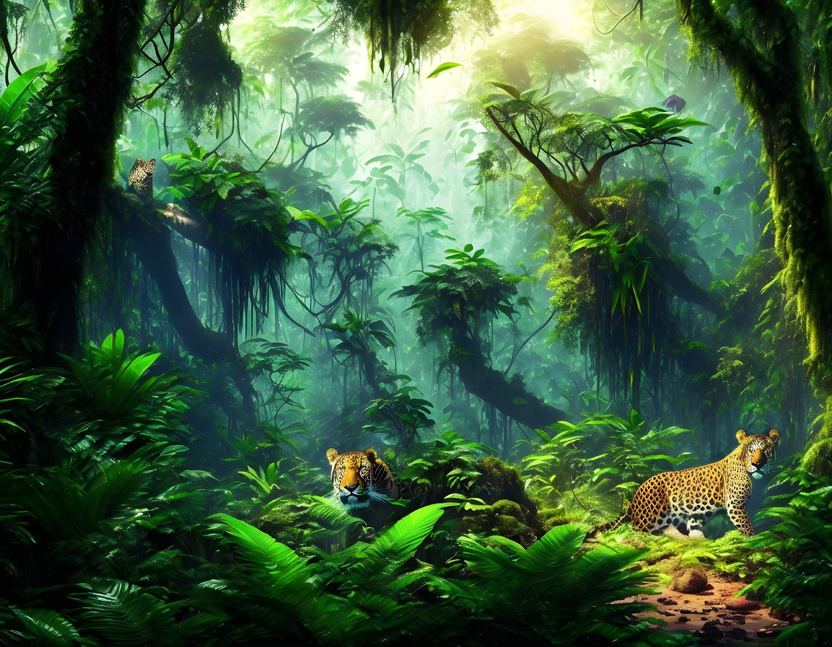 Lush jungle scene with two leopards in natural habitat