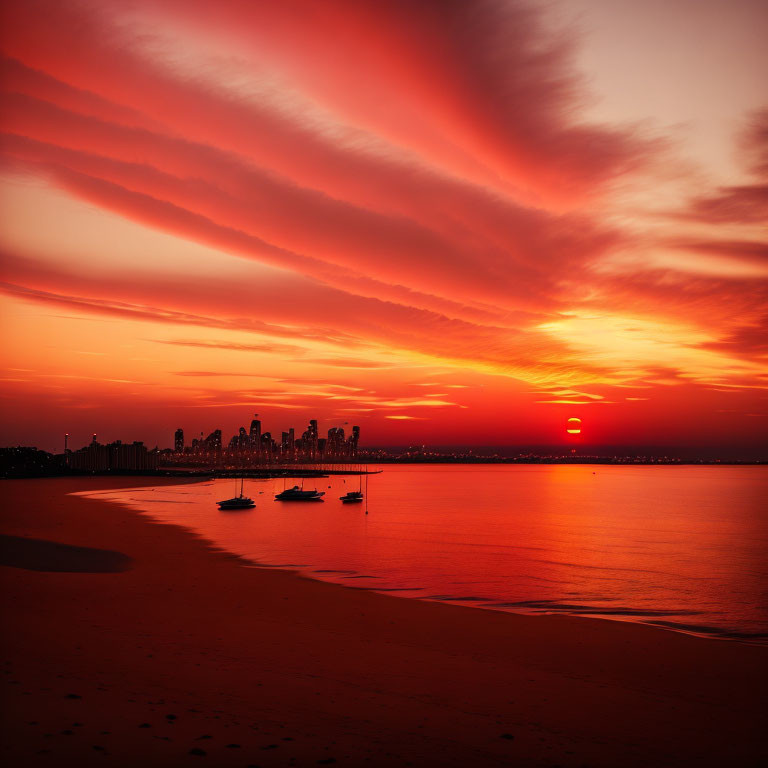 City skyline silhouette under red and orange sunset sky above calm sea and sandy shore.