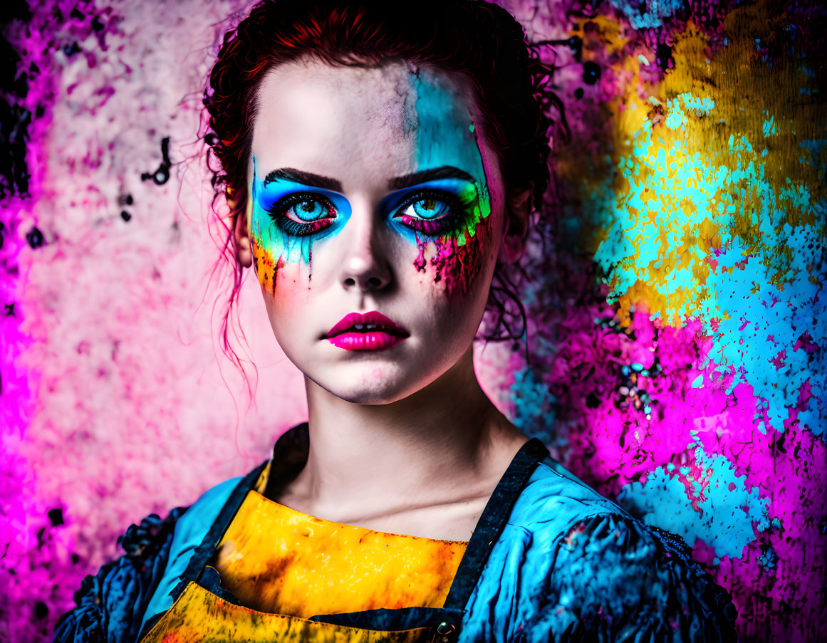 Colorful portrait of young woman with blue eyeshadow and paint splatters