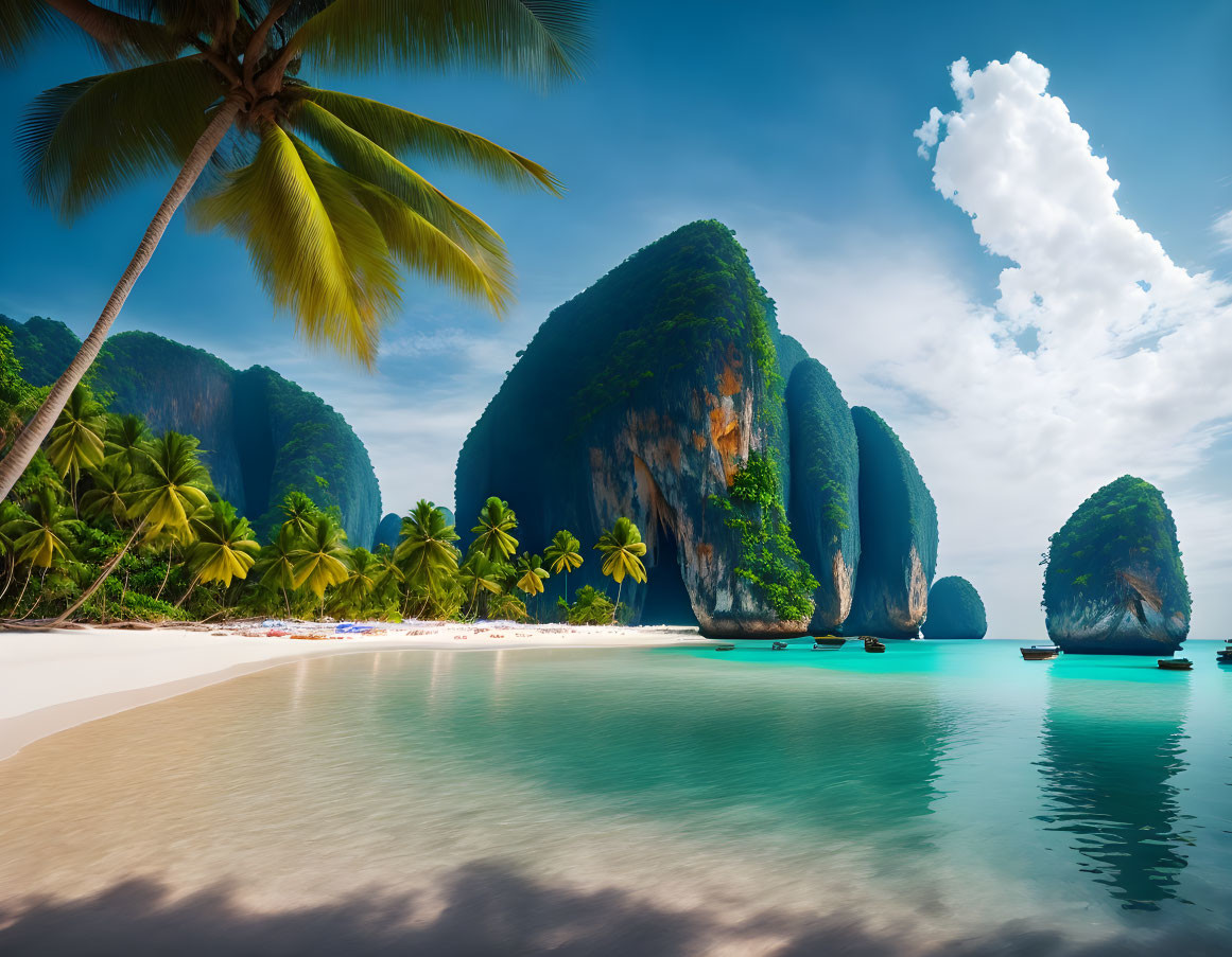 Tropical Beach Scene with Palm Trees and Limestone Cliffs