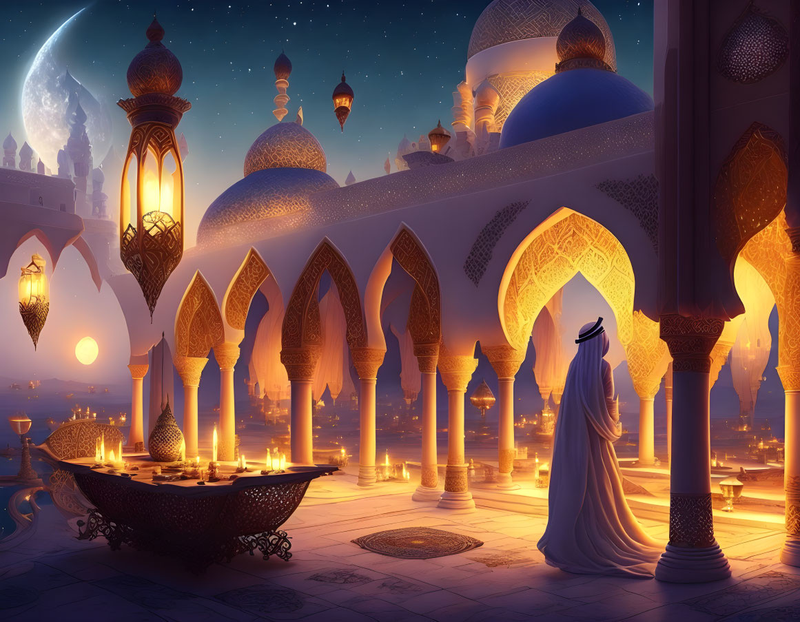 Cloaked figure in candle-lit palace at desert sunset.