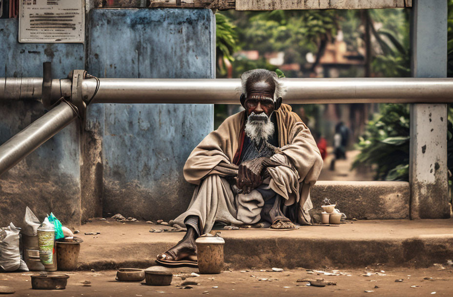 Elderly man with beard sitting among clay pots in rustic outdoor scene