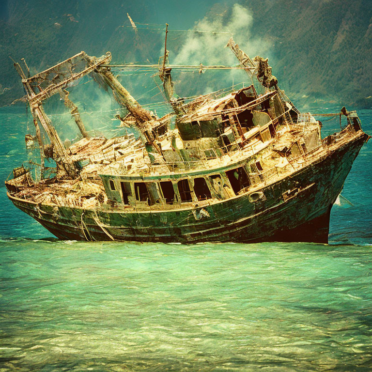 Rusted abandoned shipwreck in shallow turquoise waters