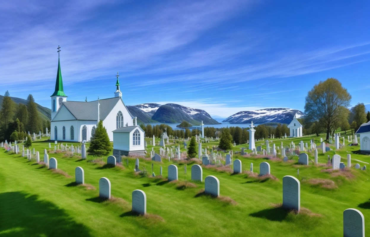 Scenic cemetery and church with white headstones, green landscape, blue skies, snowy mountains