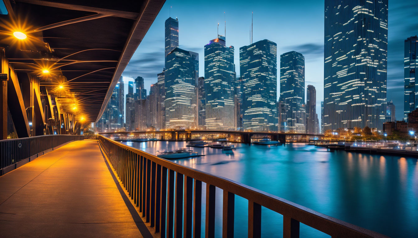 Urban night skyline with skyscrapers, bridge, and river lights