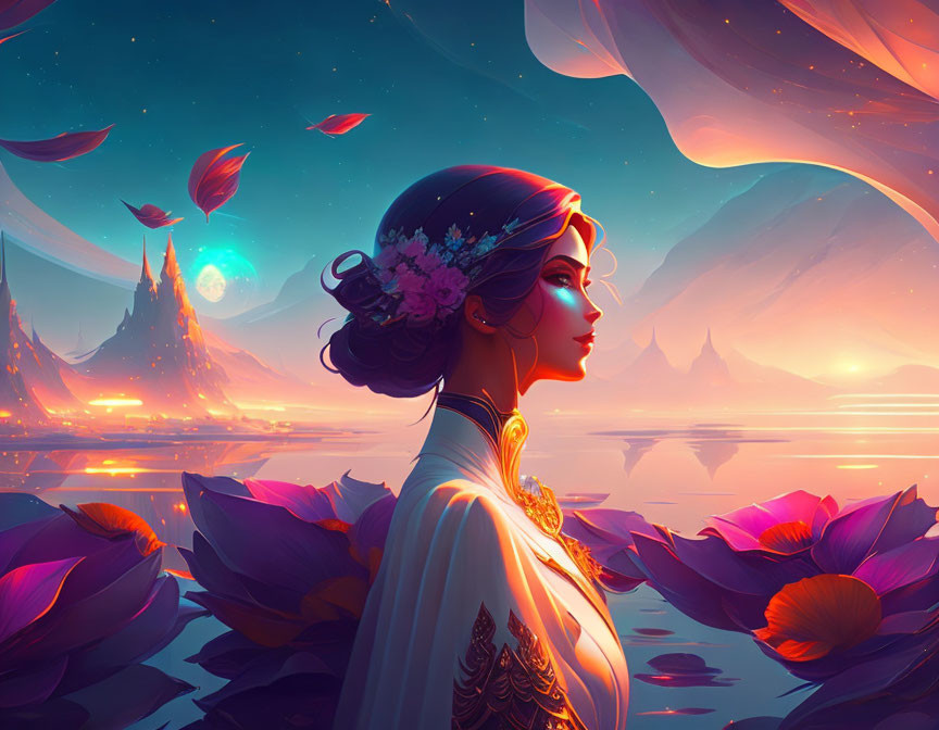 Woman with flowers in hair gazes at sunset over lake with lotus flowers & mountains