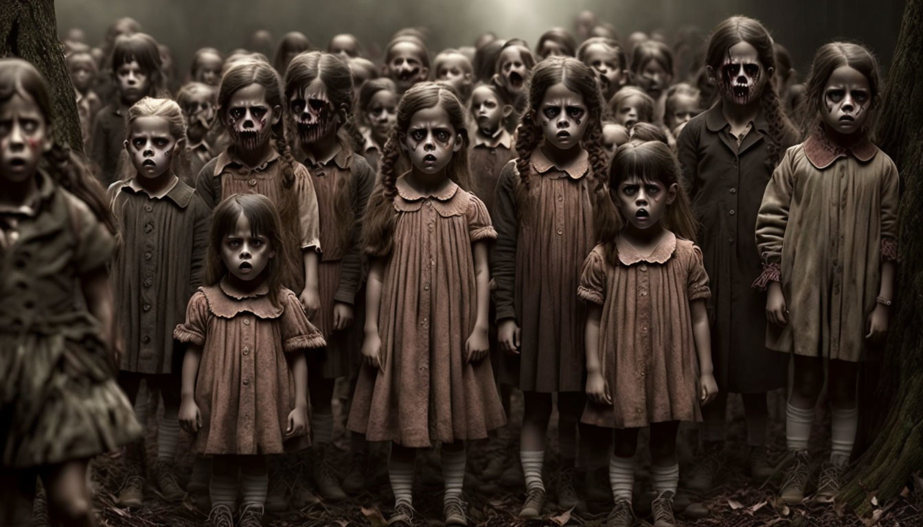 Children in eerie masks in foggy forest.