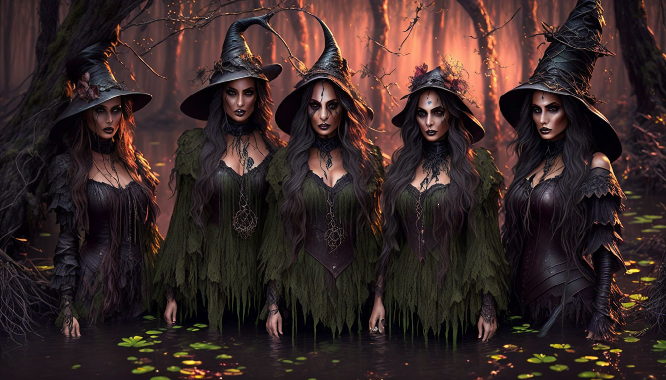 Five witches in pointed hats and dark attire in eerie forest setting.