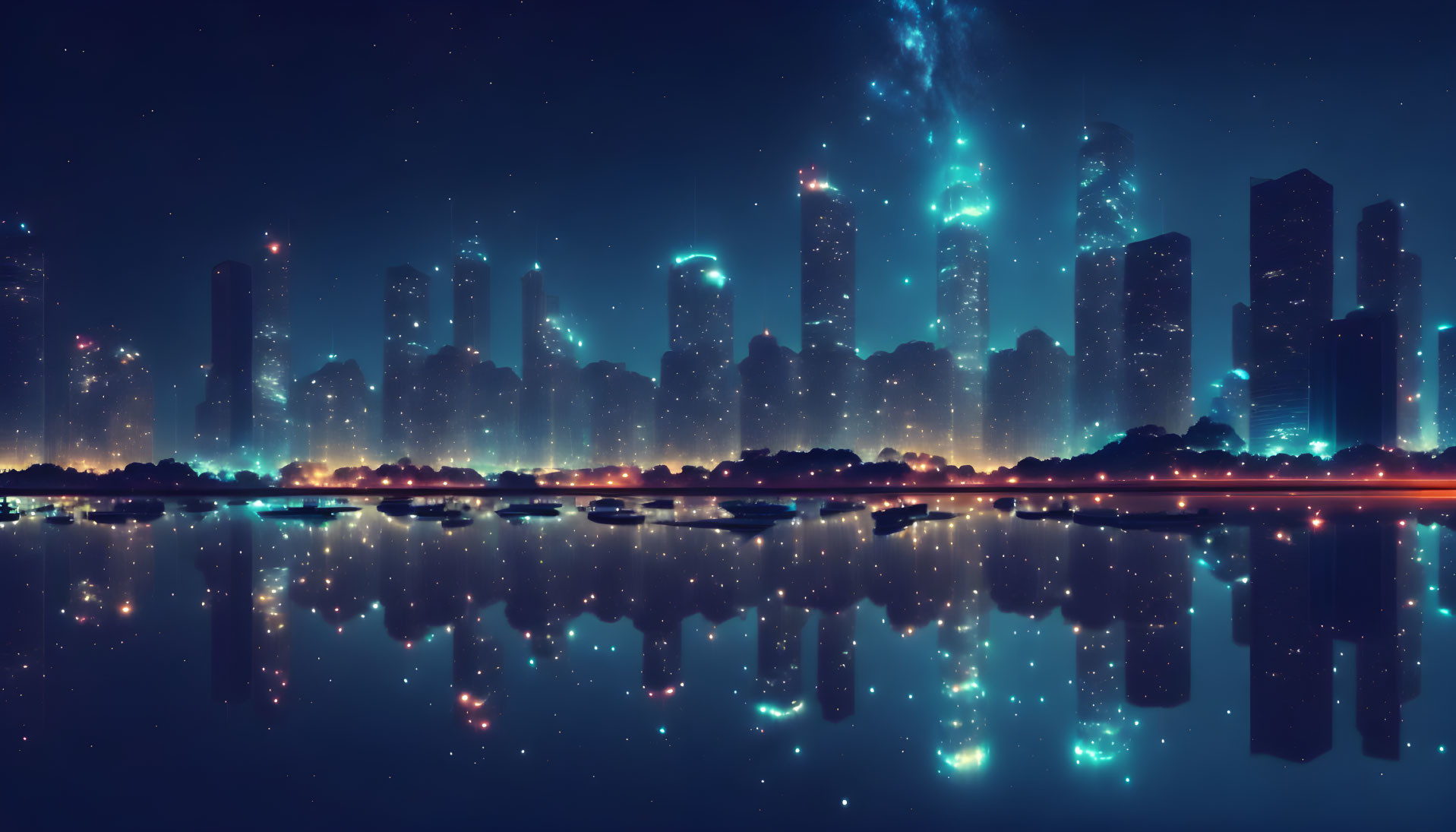 Futuristic cityscape at night with neon lights, skyscrapers, serene water, starry