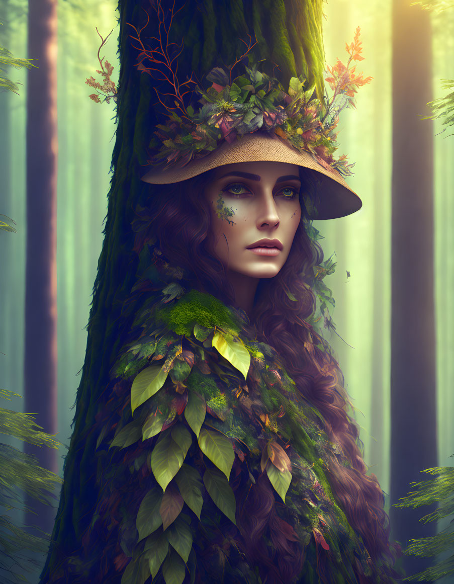 Mystical woman blending with foliage and wearing branch-adorned hat.