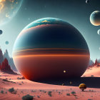 Giant planets over desert landscape with floating rocks and lone tree