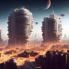 Futuristic cityscape with tall skyscrapers and large moon in desert setting