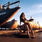 Woman in swimsuit poses by large ships in shipyard under clear blue sky