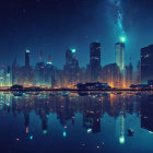 Futuristic cityscape at night with neon lights, skyscrapers, serene water, starry