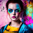 Colorful portrait of young woman with blue eyeshadow and paint splatters