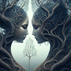 Symmetrical tree spirit faces with intertwined branches and leaves on cool backdrop