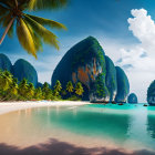 Tropical Beach Scene with Palm Trees and Limestone Cliffs