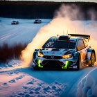 Snowy track rally cars race at dusk, kicking up snow spray