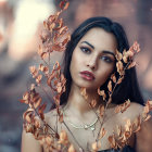 Dark-haired woman with makeup in pink blossoms, wearing gold necklace.