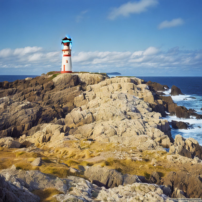 Red and white striped lighthouse on coastal rocks with calm ocean and blue sky