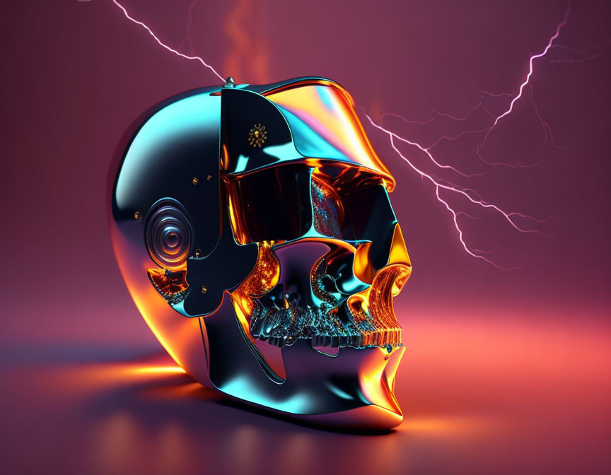 Reflective metallic skull with futuristic helmet on neon pink and purple lightning backdrop