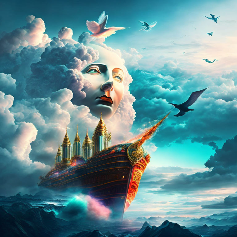 Surreal celestial face in clouds with flying birds and golden ship on fiery engines