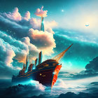 Surreal celestial face in clouds with flying birds and golden ship on fiery engines